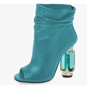 FSJ Turquoise Peep Toe Slouch Ankle Boots Chunky Stacked Heels Party Prom Shoes